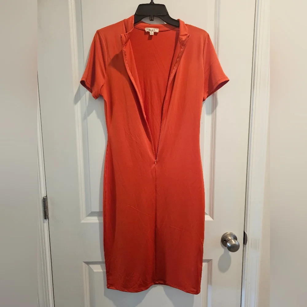 Women's szL Elegant Orange Zippered Midi Dress Body Hugging Fall Festival Career